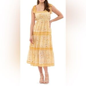 By The River Yellow/Orange Floral Peasant Cottage Tiered Maxi Dress - Sz L - NWT